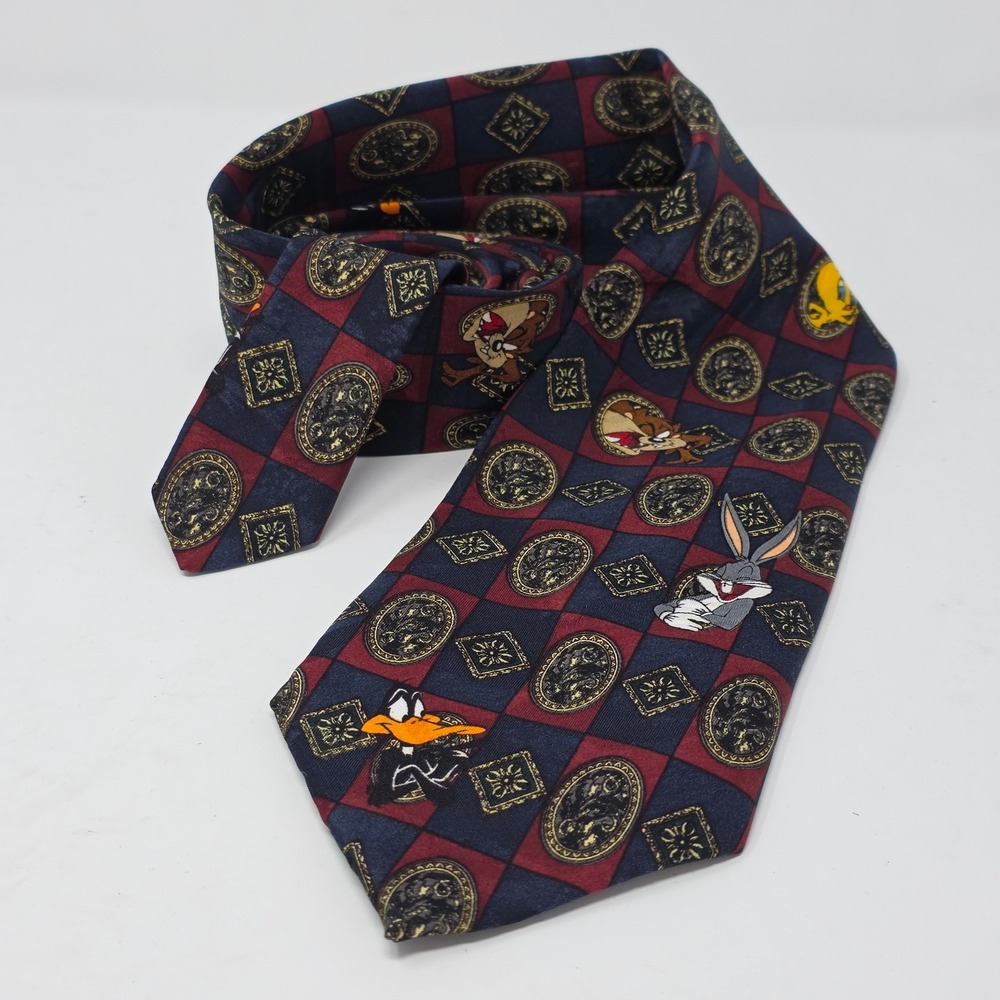 Vintage 1995 Looney Tunes Bugs Bunny Daffy Duck Taz Checkered Silk Look Tie Navy